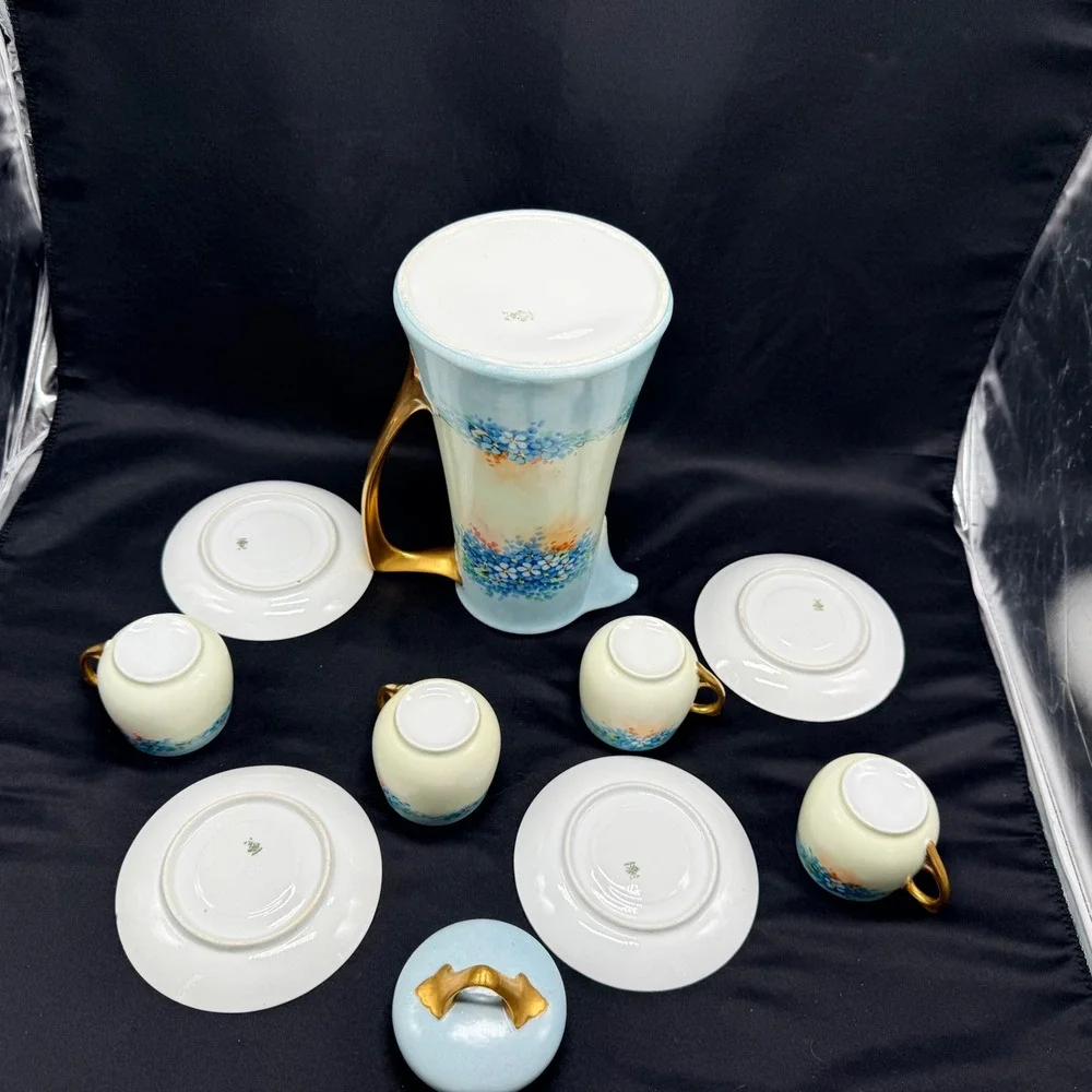Vintage Porcelain Chocolate Pot Set Blue Floral Gold Gilt 4 Cups and Saucers